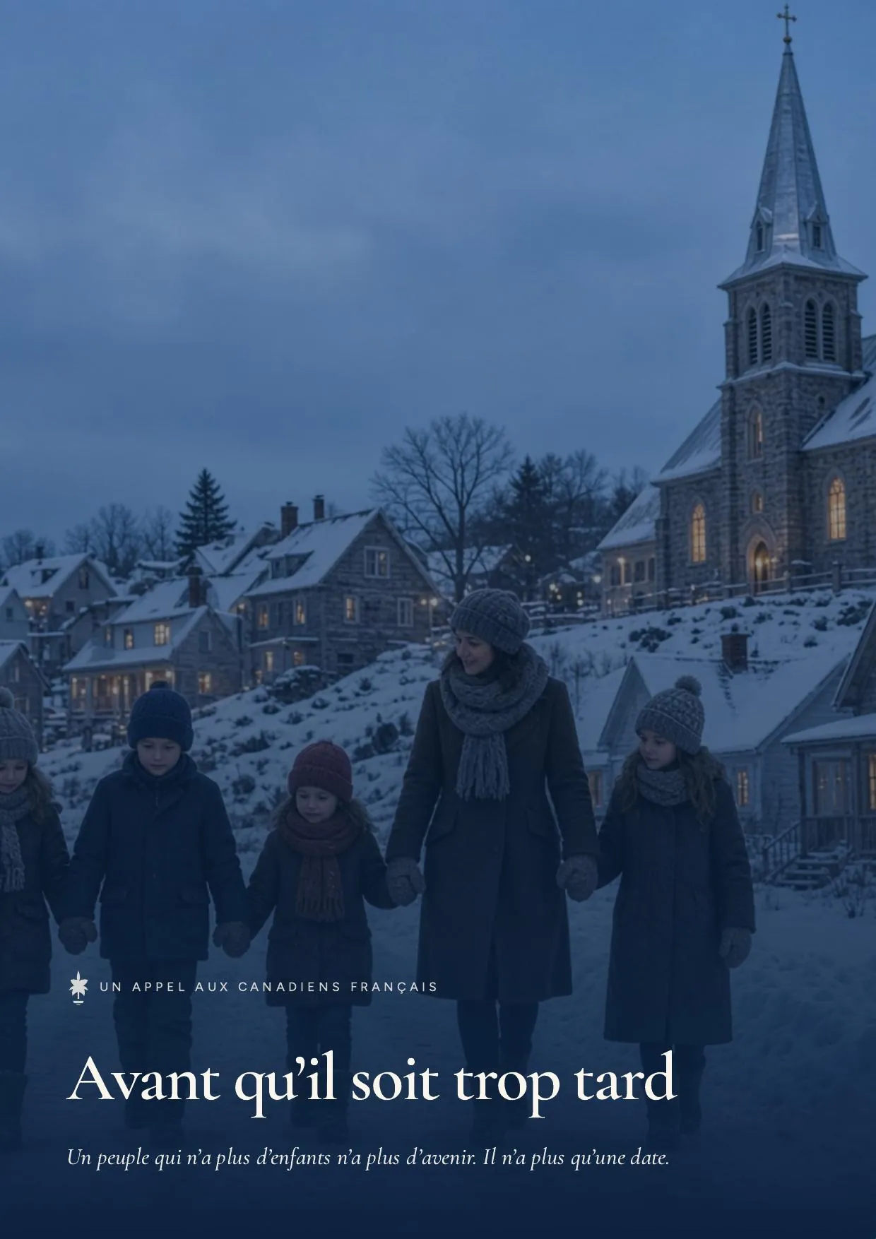 Famille québécoise dans un village d’hiver, église de pierre