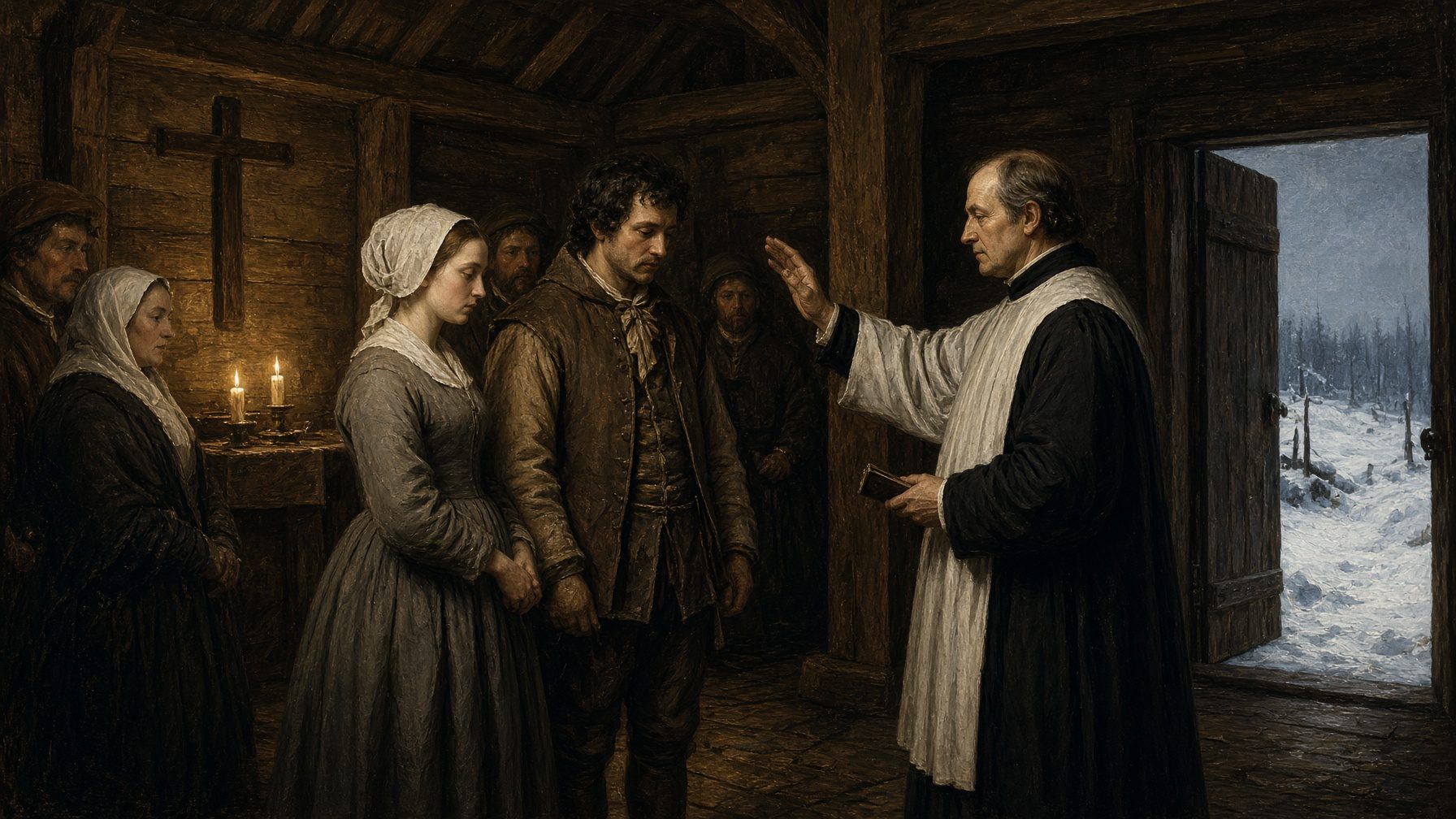 Mariage d’une Fille du Roy dans une chapelle de Nouvelle-France