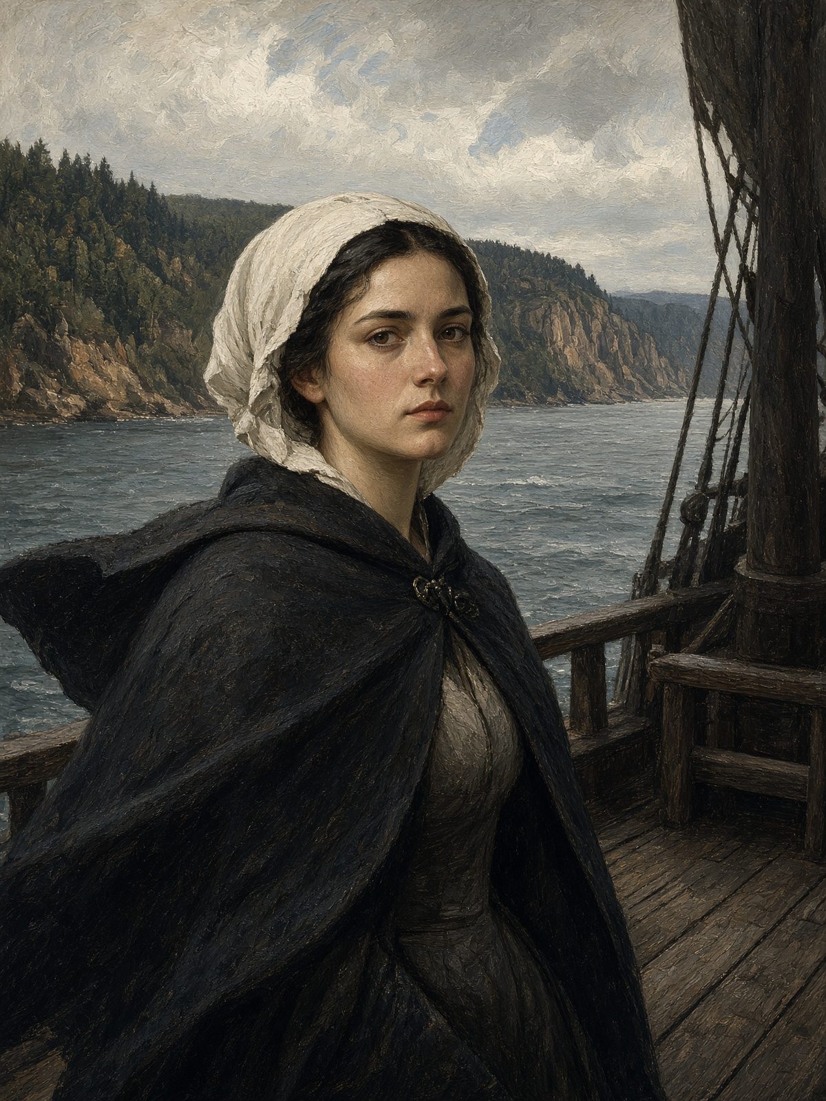 Jeune Française du XVIIe siècle sur le pont d’un navire
