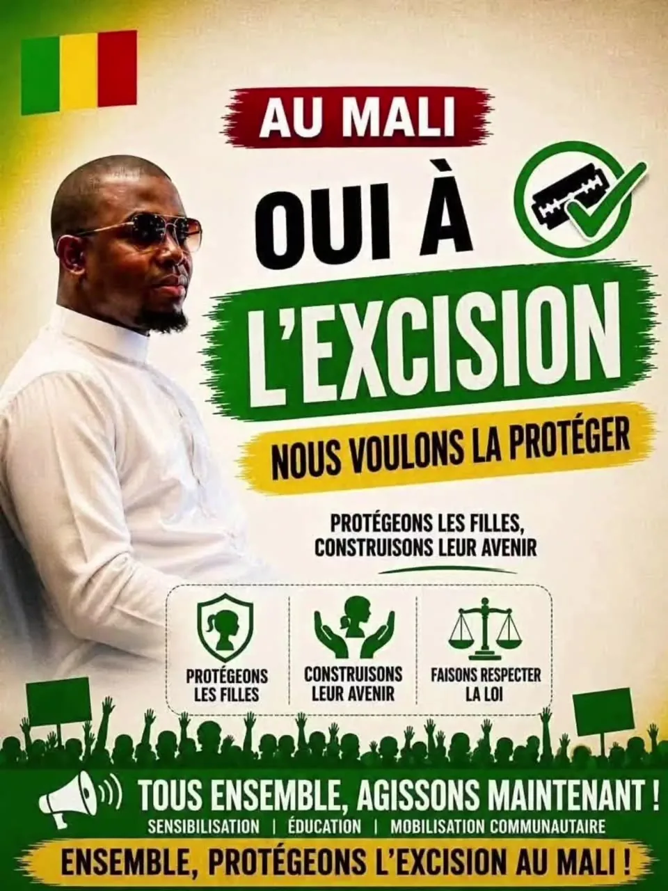 Affiche virale Oui à l’excision, jeune homme souriant