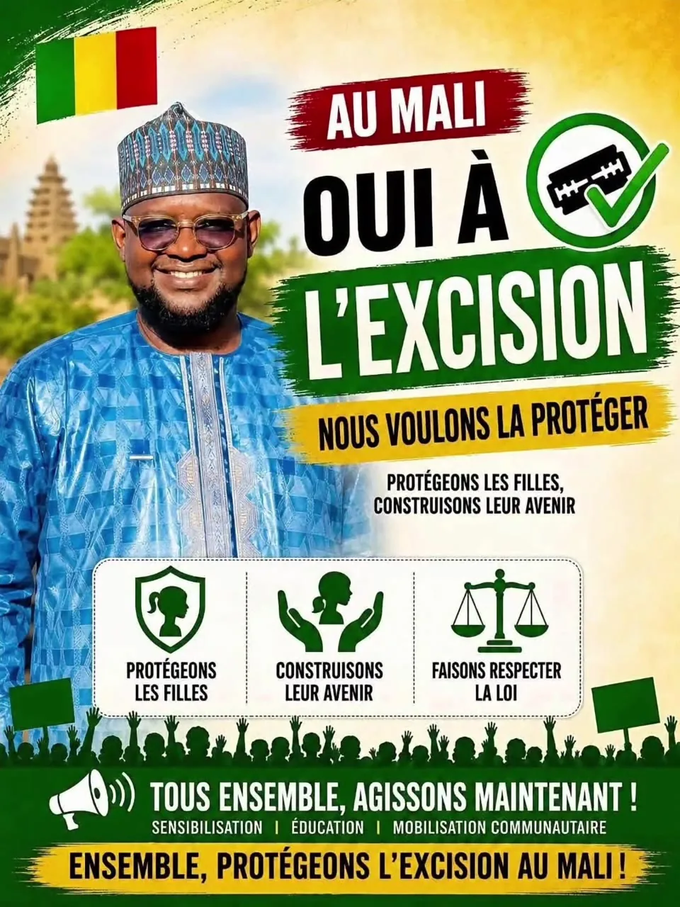 Groupe d’hommes posant devant des affiches Oui à l’excision